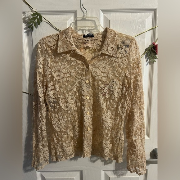 Vintage Cream Lace Long Sleeve Button Down Blouse - M - Picture 1 of 5